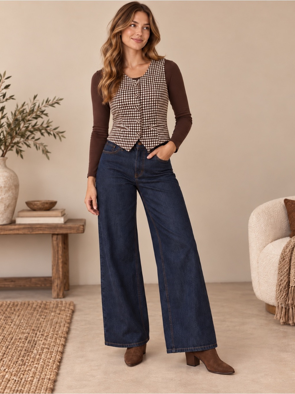 Monteau Los Angeles Juniors Large Brown Gingham Cropped Tailored Vest